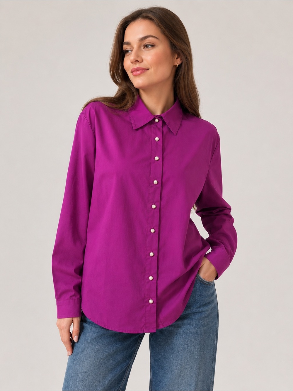 Susan Graver Women's Button-Down Shirt in Fuchsia